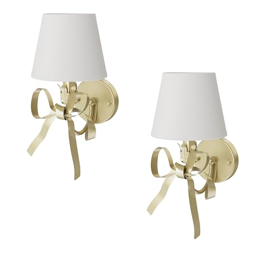 Image of Gold Brass Sconces Wall Decor Set of 2, Bow Wall Scones Set of Two with Fabric Shades, Modern Bedside Wall Lights Fixtures for Bedroom, Girls Room, Hardwired