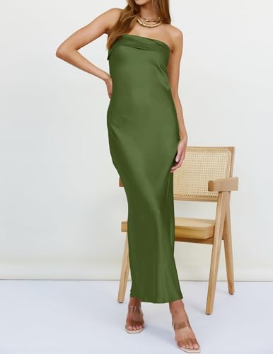Image of MEROKEETY Women's Summer Satin Strapless Bodycon Dress 2026 Backless Tube Wedding Guest Cocktail Formal Party Maxi Dresses