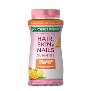 Nature’s Bounty Optimal Solutions Hair, Skin & Nails with Biotin and Collagen, Citrus-Flavored Gummies Vitamin Supplement, 2500 mcg, 80 Ct, 40 Total Servings