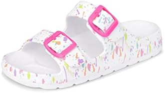 The Children's Place Girls Double Buckle Slip On Slide Sandals, White Paint Splatter