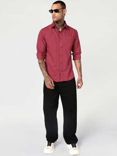 Image of Bewakoof Mens Solid Regular Fit Full Sleeve Collar Cotton Linen Blend Shirt