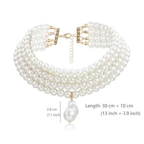 Daimay Simulated Pearl Chokers Multi-Layer Pearl Necklace Multi-Strand Pearl Statement Bridal Choker Necklace for Wedding Party Jewelry 20s Flapper Necklace for Party-Round L Size4