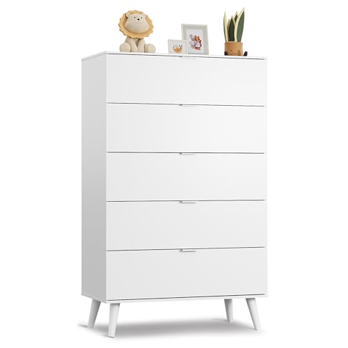 WLIVE 5 Drawer Dresser for Bedroom, Tall Wood Dresser, White Dressers Storage Organizer with Sturdy Metal Handle, Chest of Drawers for Living Room, Hallway, Closet