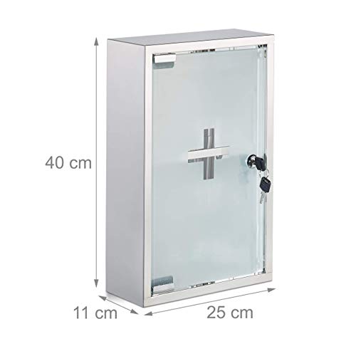 Relaxdays Stainless Steel Cabinet, Glass Door, 2 Compartments, Lockable, Home Pharmacy, Shiny, Silver, H x W x D: app. 40 x 25 x 11 cm Relaxdays Stainless Steel Cabinet, Glass Door, 2 Compartments, Lockable, Home Pharmacy, Shiny, Silver, H x W x D: app. 40 x 25 x 11 cm