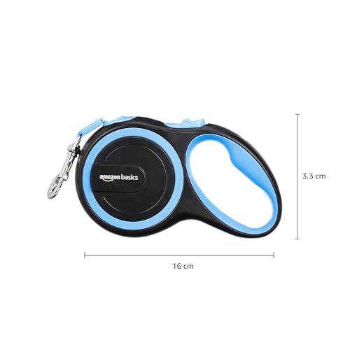 Image of Amazon Basics Retractable Dog Leash | 5 Meter | for Large Dogs Up to 50 Kg | Heavy Duty Leash for Pets | Strong Nylon Tape, Anti-Slip Handle, Built in Spring, One-Click Brake Pause | Blue