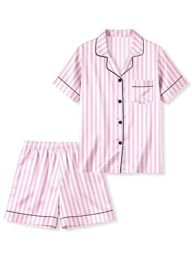 LANKMEI Girls & Boys Satin 2Pcs Short Sleeve Pajamas Set | Luxury Silky Breathable & Soft Button Top & Shorts Set Elastic Waist Ideal for sleepovers summertravel & daily comfort product thumbnail 17