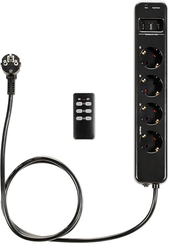 Navaris Funk Steckdosenleiste 4-fach einzeln schaltbar - mit 3x USB Buchsen - Funksteckdosenleiste mit Fernbedienung - Mehrfachsteckdose Schwarz