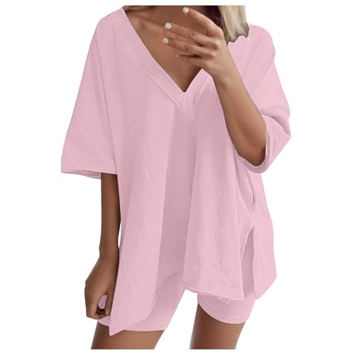 Women Oversized 2 Piece Clothing Set V Neck T Shirt Shorts Activewear Womens Sweat Shorts with Pockets