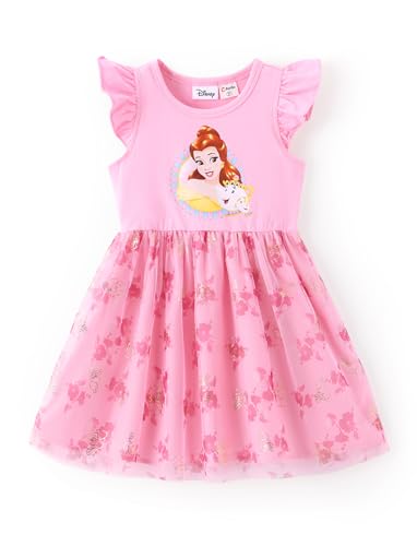 Image of Disney Princess Belle Toddler Girl Dress Floral-Patterned Tulle Summer Clothes Flutter-Sleeve Outfit Sweet School Party Birthday Sundress Pink 5-6 Years