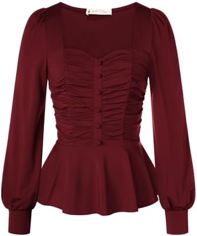 Belle Poque Peplum Tops for Women Square Neck Long Sleeve Blouses Ruffle Hem Smocked Elegant Shirts