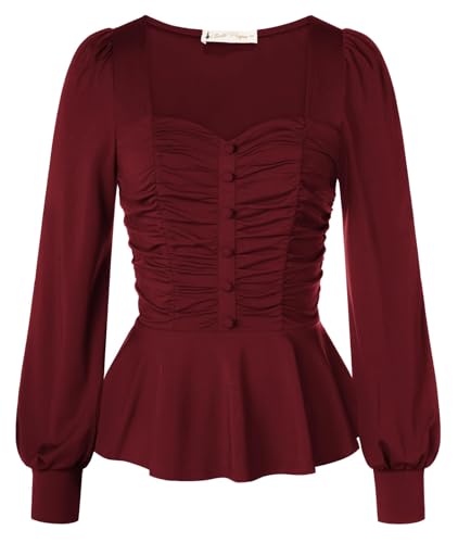 Belle Poque Elegant Blouses for Women Dressy Long Sleeve Square Neck Peplum Ruffle Hem Smocked Casual Tops Office Shirts Wine Red M