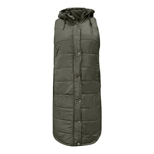 Meldvdib Winter Long Puffer Vest For Women Windproof Hooded Quilted Down Vest Padded Sleeveless Long Coats Jacket Outerwear (Army Green, Xxl) #TOP4