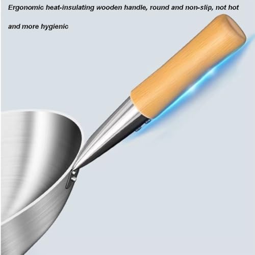 AIJUSSS Carbon Steel Wok Round Bottom Wok Non Stick Non Coated Stir Fry Pan with Wooden Helper Handle for Induction Gas(34cm) - Image 2