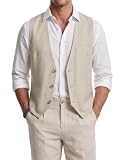 HISDERN Chaleco de lino para hombre ideal para verano bodas fiestas y negocios Corte regular Beige L