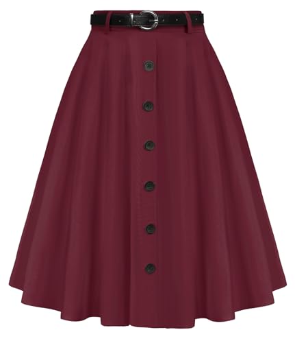 Belle Poque Damen Vintage Röcke Stretch Hohe Taille A-Linie Midi Röcke mit Taschen & Gürtel