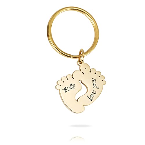 KOOWARM LLavero de nombres personalizados de acero inoxidable, anillo de cadena con colgante de fecha y nombre de pie de bebé personalizado para regalo de mamá Cover