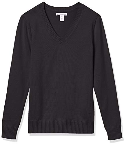 Amazon Essentials Women's 100% Cotton Long-Sleeve V-Neck Sweater, Black, Large
