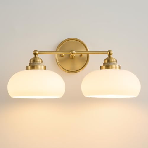 Image of Vintage Milk Glass Wall Sconce,2 Lights Antique Brass Bathroom Vanity Light | Mid Century Modern Gold Bathroom Sconce over Mirror,Milk White Glass Wall Lights Decor Lamp for Bedroom Living Room Hallway