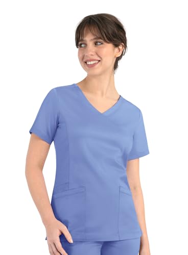 Maevn Matrix Curved Mock Wrap Stretchy Scrub Top (Large, Ceil Blue)