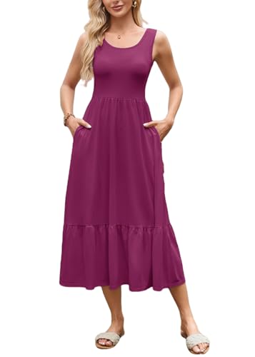 ROFUSSO Vestido de Verano de Las Mujeres sin Mangas Maxi Vestido Elegante Cuello Redondo Tank Dress Vestido Casual Playa Vestido Largo Ligero y Aireado Boho Maxi Vestido con Bolsillos