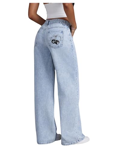 WDIRARA Women's Graphic Embroidery Baggy Jeans Streetwear Straight Leg Denim Pants