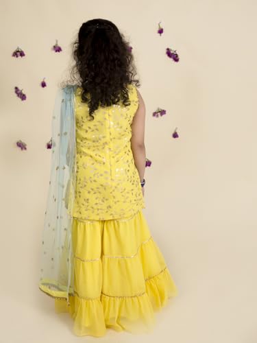 Image of Pspeaches Girls Ethnic Yellow Embroidered Georgette Sleeveless Square Neck Kurti & Sharara with Dupatta 3 Piece Set