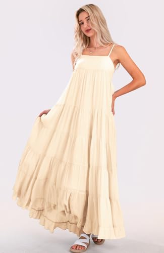 Image of loveimgs Women Summer Spaghetti Strap Smocked Maxi Dress Tiered Ruffle Sleeveless Long Flowy Dress Beach Sundress