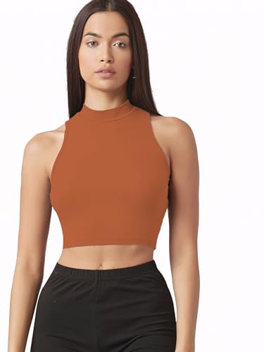 Image of Sugathari Women's & Girls' Solid Ribbed High Neck Sleeveless Crop Tops for Women (Top 37)