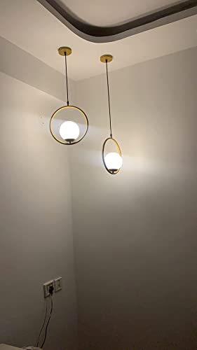 Image of Modern Designer Spherical Sparkle Golden Metal Circular with White Lampshade Pendant Hanging Light and Ceiling Lamp with E27 Holder 2 Spherical Ring with 2 Bulbs
