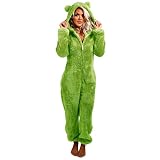 Damen Jumpsuit Pyjama Winter Warm Kuschelig Onesie Freizeitanzug Fleece Einteiler Overall Anzug Flauschig Große Größen S-5XL (Farbe : Green, Größe : S)