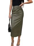 utcoco Womens Long Faux Leather Skirt Bodycon High Waist Slim Pencil Midi Skirt with Pockets, Army Green, M
