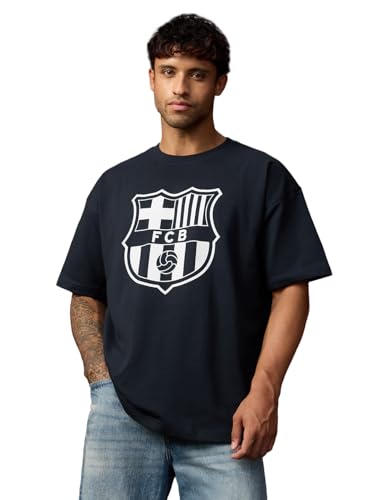 Image of The Souled Store FCB: Men and Boys Short Sleeves Round Neck Casual Lightweight Drop Shoulder Streetwear Trendy Oversized T-Shirts Black