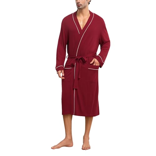 Mens Lightweight Robe Cotton Blend Kimono Bathrobe with Pockets, Soft Breathable Absorbent Loungewear for Home