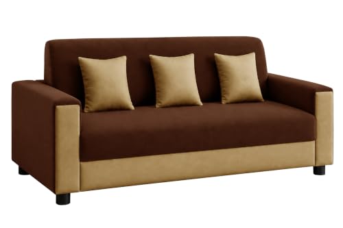 Image of 3 Seater Wooden Sofa | Velvet Fabric Couch with Cushions | Comfortable Living Room Sofa | Sturdy Wooden Frame | Home & Office Furniture | Brown & Beige