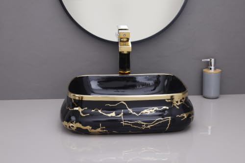 Image of HARDSTONE Black & Gold Ceramic Wash Basin Sink 18x13x5 Inches