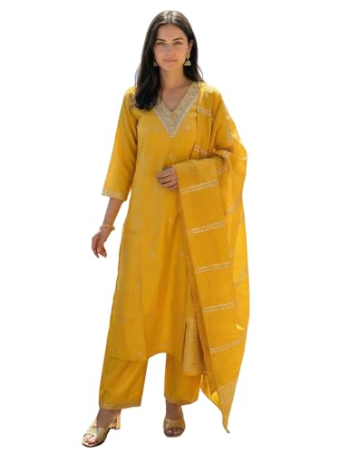 Image of INDO ERA Women's Silk Blend Embroidered Straight Kurta Pant with Dupatta Set