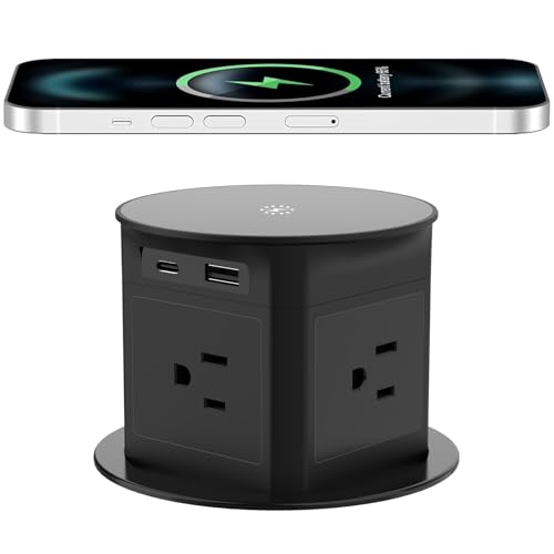 Pop up Outlet for Countertop with 15W Wireless Charger,4 Outlets 1 PD20W USB-C Ports,1QC18W USB-A,3.94 inch Desk Hole Power Grommet,Pop Up Power Outlet for Kitchen Countertop,Office Desktop (Black) by Qunpqiuer - Used condition - US$53.75