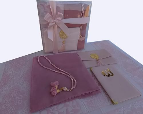 Muslim Prayer Rug | 5 in One Prayer Mat, Short Surahs Book, Tasbeeh, Scarf, Quran Case Set | Pearl Prayer Beads | Islamic Gift For Her | Islamic Gifts for Occasions | Prayer Mat| Birthday Gift|(Pink)