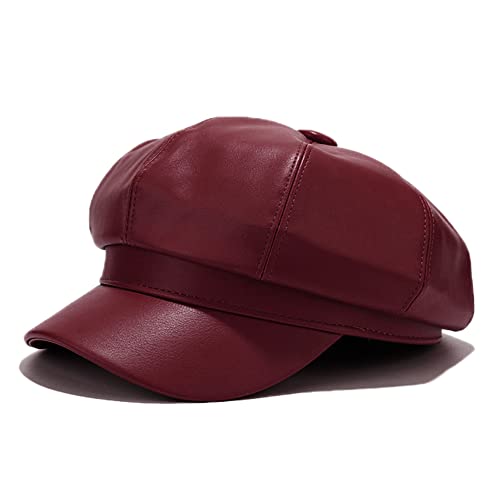 Voilipex Womens PU Leather Newsboy Cap 8 Panel Paperboy Newsie Cap Bakerboy Cap Beret Cabbie Cap Hat, Wine Red