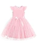Arshiner Toddler Dress Girls Summer Ruffle Sleeve Mesh A Line Formal Party Tulle Dresses with Pockets Pink Flower
