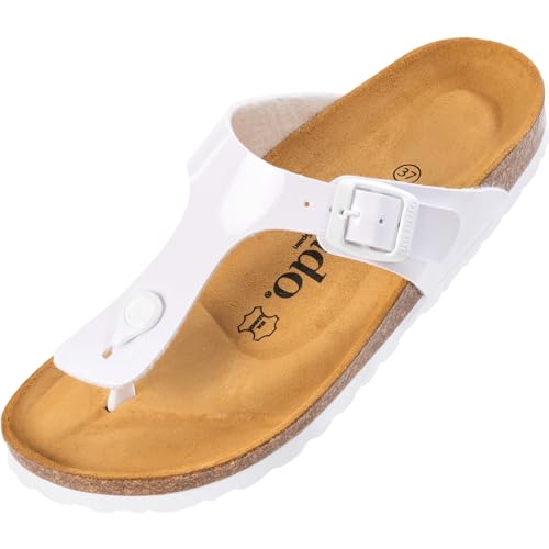 Palado Zehentrenner Damen Kos Lack – gefertigt in Spanien – glänzende Lack-Optik – weiches Veloursleder-Fußbett – dein idealer Sommerbegleiter Weiß/Weiß UK7 - EU40