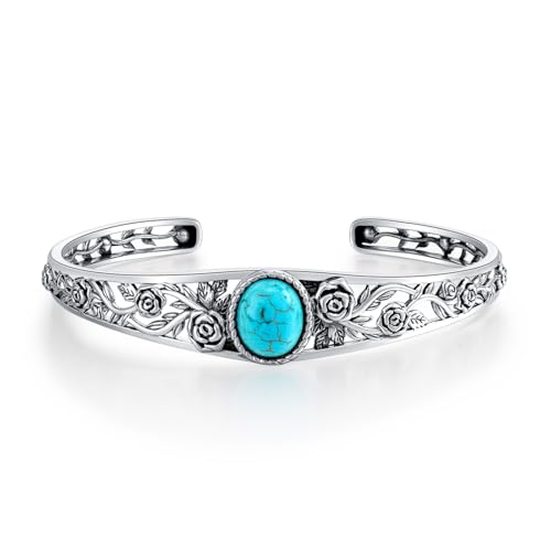 Bracelet turquoise naturel ajustable femme manchette argent rose Boho