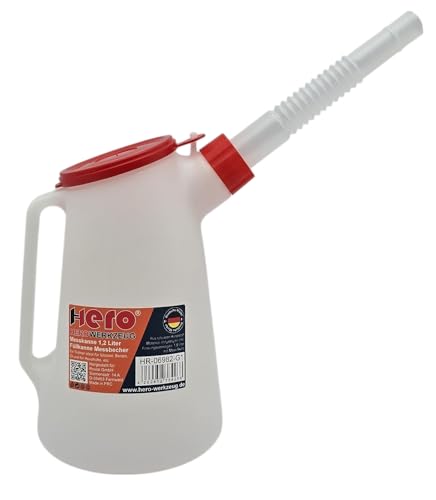 HERO Messkanne Füllkanne 1,2 Liter Messbecher mit flexiblem Ausgussstutzen und Deckel Kanister Einfüllkanne Wasserkanne Messbecher Auto Ölwechsel Öldienst Ölkanne Ausgießer KFZ Werkstatt Kanne