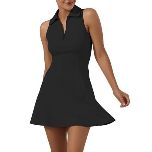 GroYolan Vestido de Tenis para Mujer sin Mangas Athletic Dress con Pantalón Corto Bolsillos Cremallera Polo Ropa Deportiva Golf Padel Fitness Casual