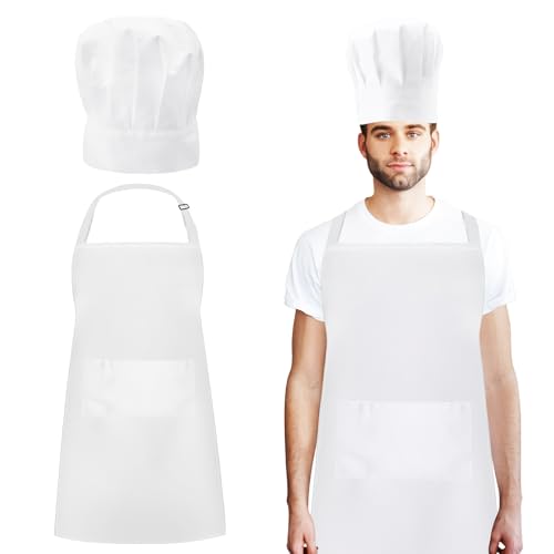 Juego de gorro y delantal de cocinero, unidades disfraz de cocinero, Delantal De Cocina Gorro Cocinero, hombre blanco delantal de cocina con 2 bolsillos, para Barbacoa Cocinar Hornear Restaurante