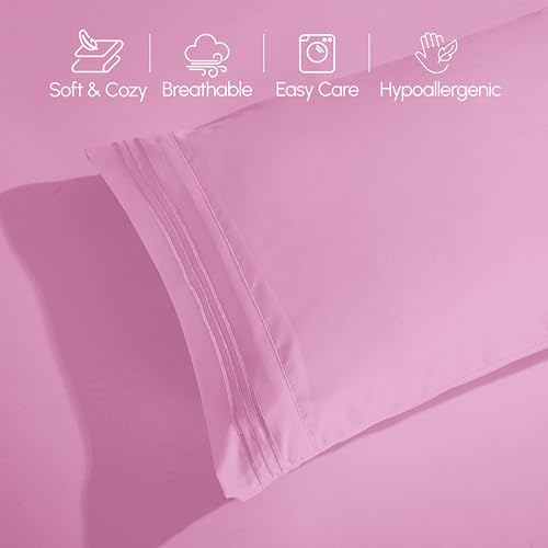 Image of Elegant Comfort Luxurious 1500 Premium Hotel Quality Microfiber Three Line Embroidered Softest 4-Piece Bed Sheet Set, Wrinkle and Fade Resistant, Queen, Light Pink