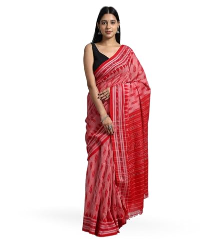 Image of ODISHAHANDLOOM Sambalpuri Pure Cotton Handloom Saree, Traditional Ikat Pattern, Red and Green, Without Blouse