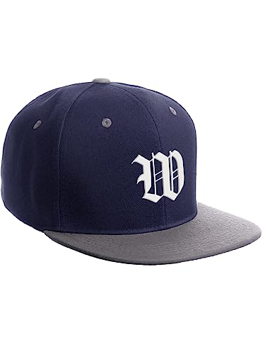 Daxton Classic Snapback Hat Old English Font Alphabet A to Z Flat Bill Visor Cap, Navy Light Grey Hat, White W