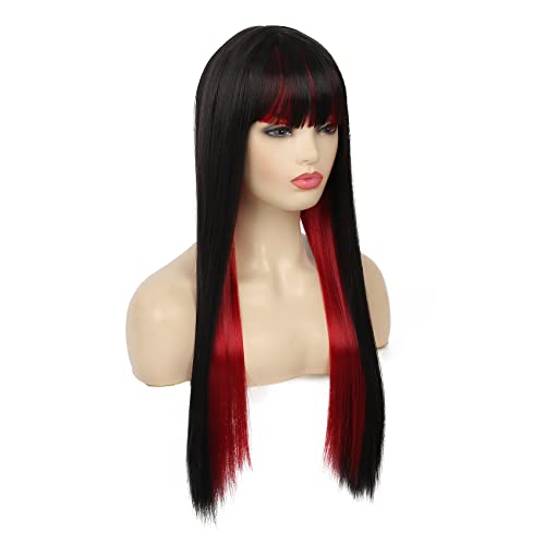 Image of Swiking Black and Red Long Straight Wigs with Bangs for Women Two Tone Heat Resistant Synthetic Wig for Daily Cosplay Halloween Party Use
