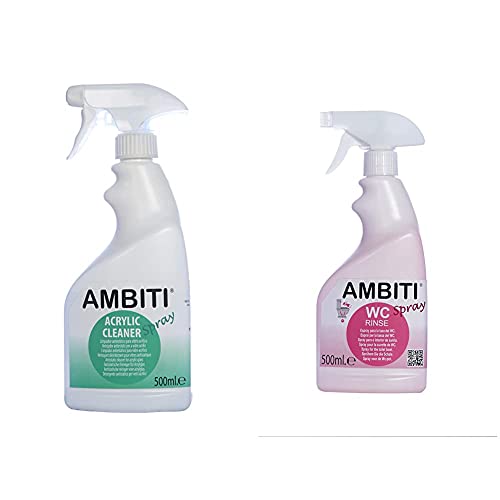 Ambiti Am300239 Acrylic Cleaner 500 Ml. Limpiador Antiestático De Cristales Y Claraboyas Acrílicas De Autocaravanas Y Caravanas + Rinse Spray 500 Ml. Aditivo para Desinfectar La Taza del WC